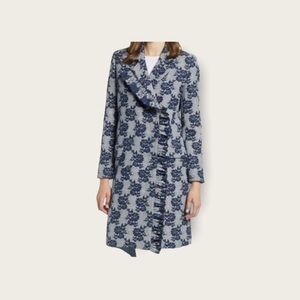 HALOLGEN Plaid Ruffle Blue Floral Long Coat/Jacket